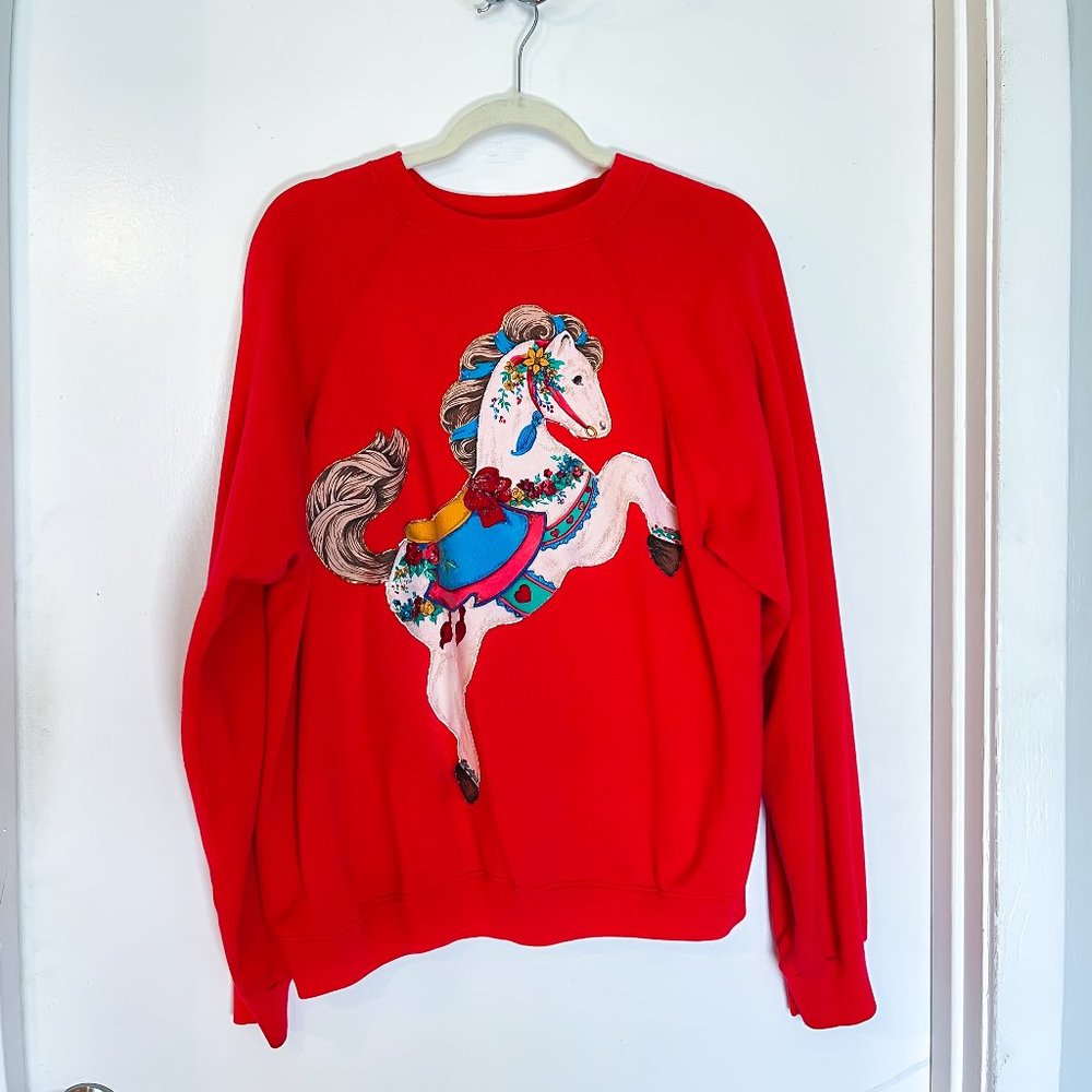 Vintage 1980's Embellished Applique Red XL Carousel Horse Sweatshirt